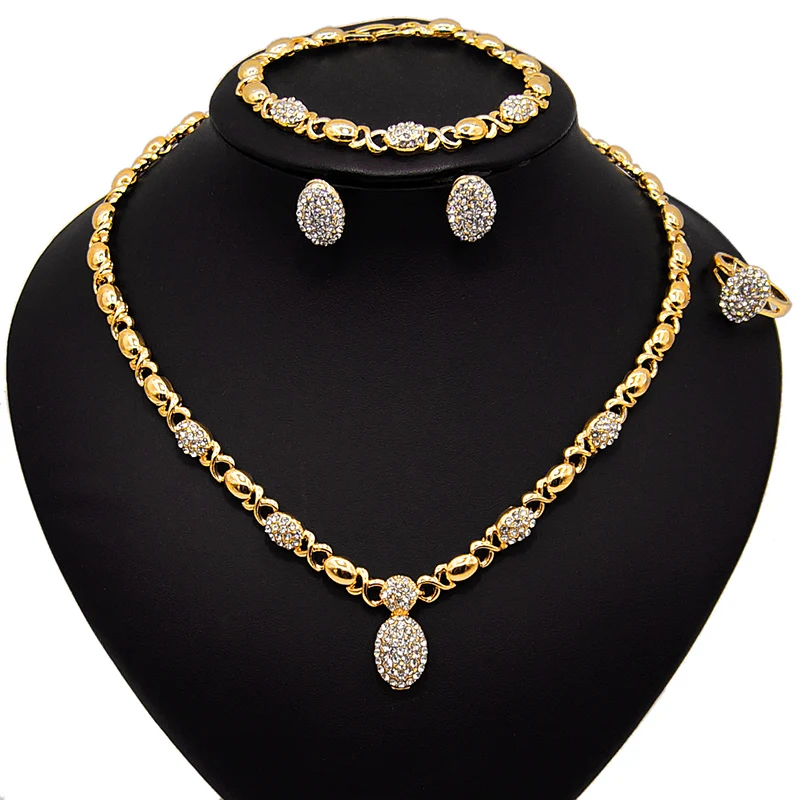 Hot sale 18 K gold plated ladies wedding zircon necklace bracelet ring earring set African jewelry set small and exquisite
Hot sale 18 K gold plated ladies wedding zircon necklace bracelet ring earring set African jewelry set small and exquisite
