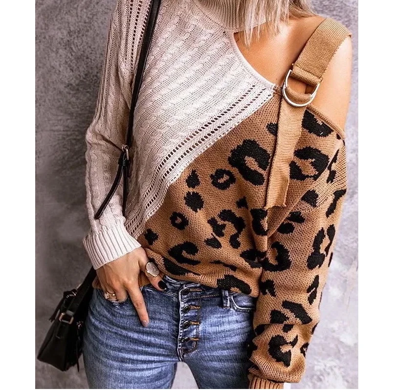 Wholesale Fall Winter Ladies Pullover Off The Shoulder Color Block Leopard Sweaters For Women, Picture color
Wholesale Fall Winter Ladies Pullover Off The Shoulder Color Block Leopard Sweaters For Women, Picture color