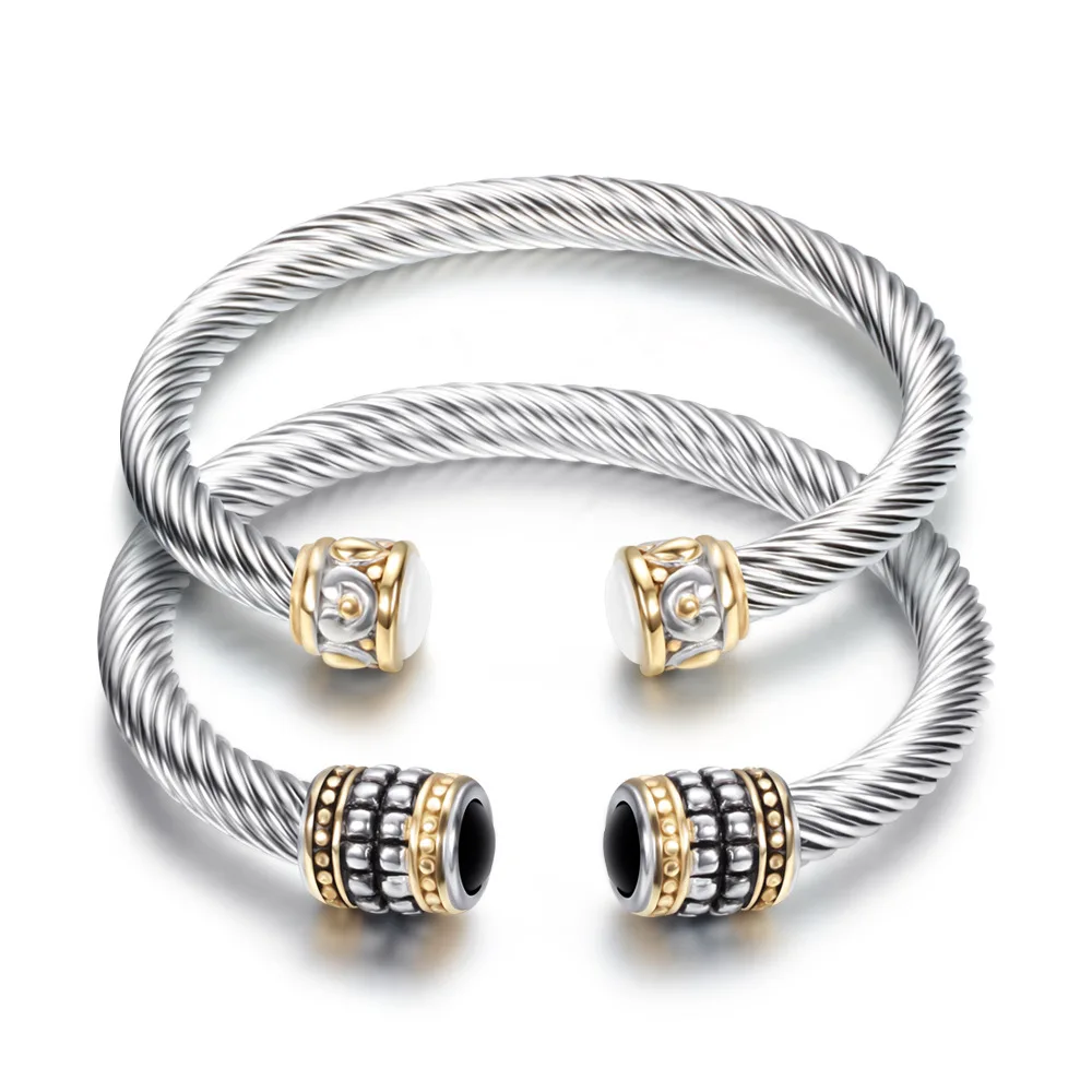 

Hot Selling High Quality 316l Stainless Steel Two Tone Adjustable Wire Open Cuff Twisted Cable Bangle Bracelet with stone