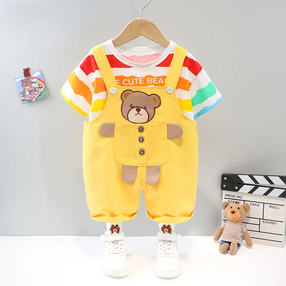 New style summer Toddler Boys 2 Pieces Clothing Set short sleeves rainbow striped T-shirt + cartoon bib pants clothing for kids, Picture shows
New style summer Toddler Boys 2 Pieces Clothing Set short sleeves rainbow striped T-shirt + cartoon bib pants clothing for kids, Picture shows
