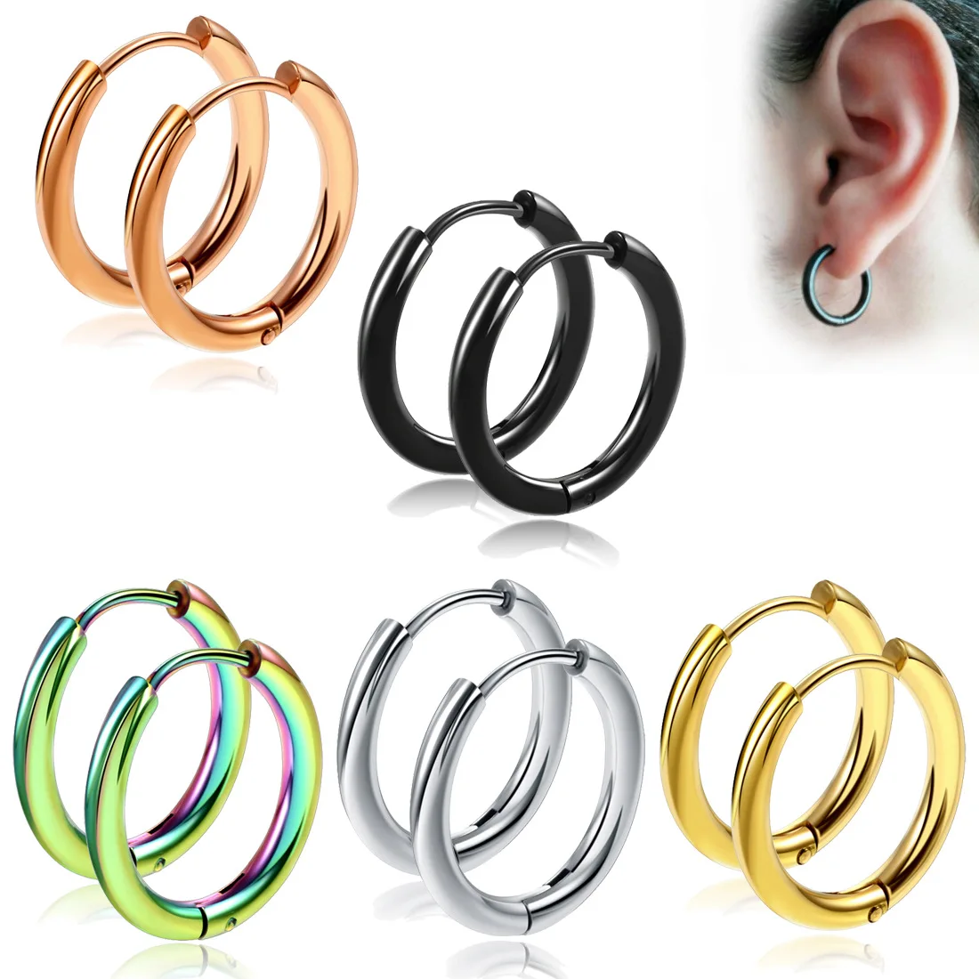 

Trendy 316L Surgical Stainless Steel Huggie Hypoallergenic Earrings Hoop Cartilage Helix Lobes Hinged Sleeper Hoop Earrings, Silver/gold/rose gold/black/colorful