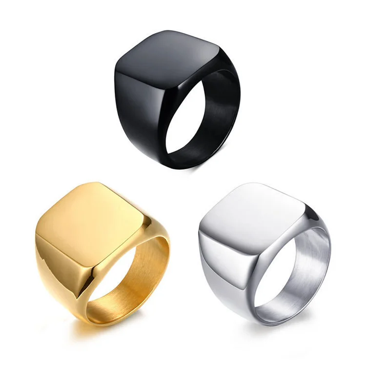 

Custom logo big size engraving stainless steel gold plated ring square blank flat signet men rings jewelry