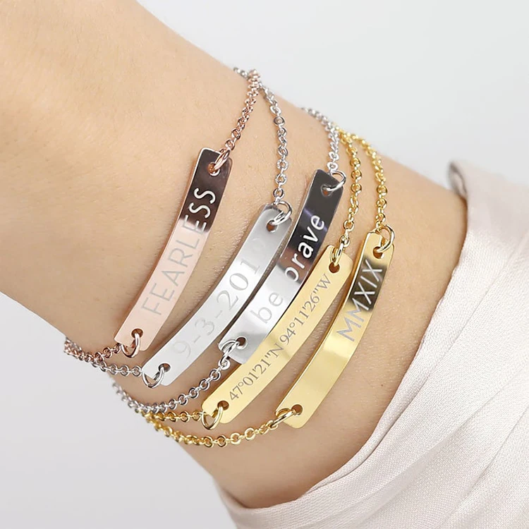 Custom Personalized Stainless Steel Name Engraved Bracelet Men Women Simple Design Bar Charm With Chain Bracelet
Custom Personalized Stainless Steel Name Engraved Bracelet Men Women Simple Design Bar Charm With Chain Bracelet