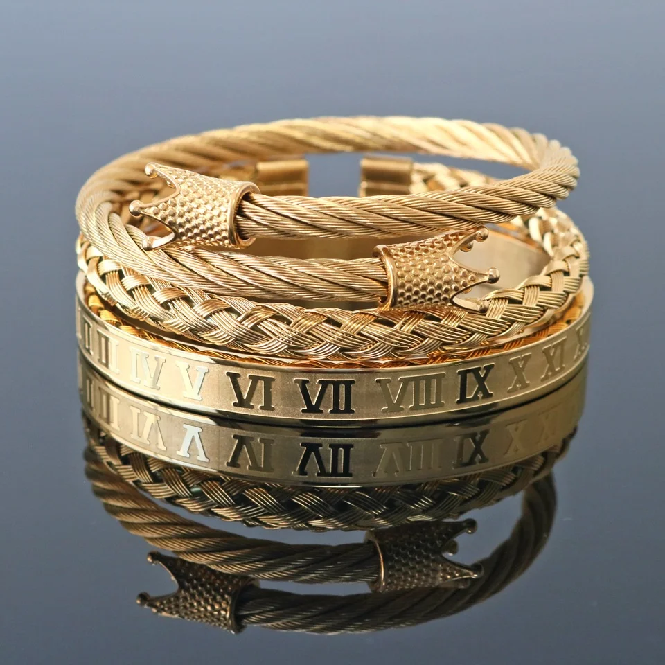 

New Arrived 3pcs_set Men's Gold Crown Bracelet Set Stainless Steel Numbers Engraved Bangle Cz Crown Braided Macrame Bracelets