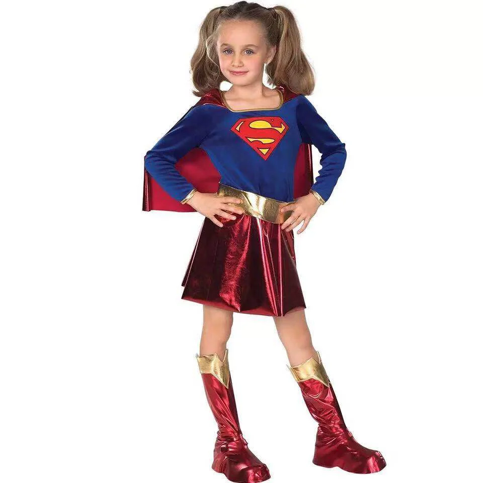 2019 popüler cadılar bayramı sıcak satış yeni tasarım süper kahraman çocuk Bodysuit şifon elbise ile Supergirl kostüm çocuklar için