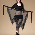 Women Transparent net tassel hip scarf latin dance Fringe skirt