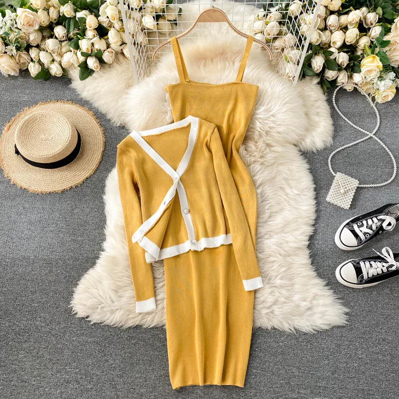 Knitted Dress Suit 2021 New Spring Autumn Women's Sling Dress Gentle Two-Piece Outfits Set Fashion Elegant Top and Dress Set
Knitted Dress Suit 2021 New Spring Autumn Women's Sling Dress Gentle Two-Piece Outfits Set Fashion Elegant Top and Dress Set