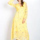 Low price wholesale yellow long-sleeved V-neck printed one-piece casual dress