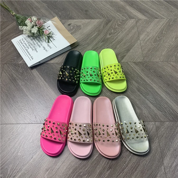 Fashion Ladies Rivet Rhinestone Slippers For Women Colorful Slides Women's Sandals, Customized color
Fashion Ladies Rivet Rhinestone Slippers For Women Colorful Slides Women's Sandals, Customized color
