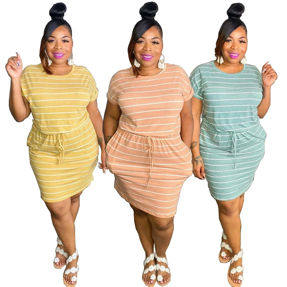 Large Size Women Dress Fashion Striped T shirt Dress With Drawstring Straps, Shown
Large Size Women Dress Fashion Striped T shirt Dress With Drawstring Straps, Shown