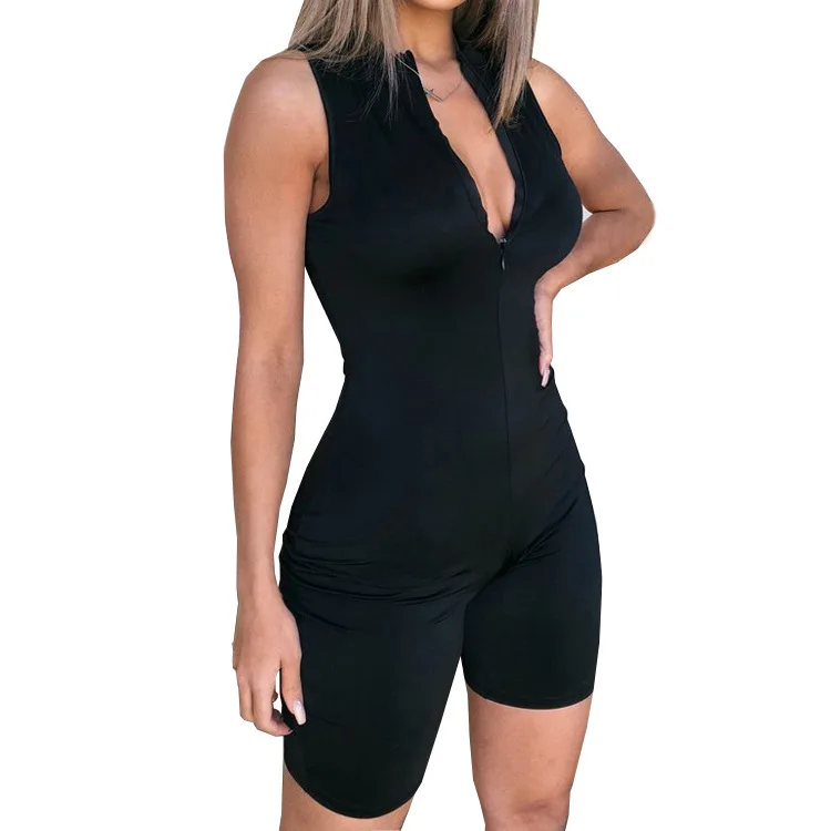 

Neon Black Sexy Bodysuit Women Half Open Collar Sleeveless Jumpsuit Biker Shorts Sports Outfit Tracksuits Ladies Playsuit