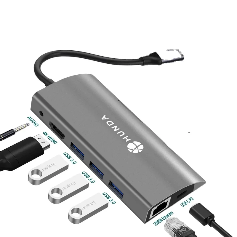 HUNDA Type-C docking station Multiport Type-c Adapter To4K HDM1 1000M Ethernet Usb 3.0 Port 9 in 1 Hub
HUNDA Type-C docking station Multiport Type-c Adapter To4K HDM1 1000M Ethernet Usb 3.0 Port 9 in 1 Hub