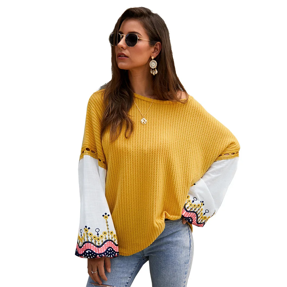2021 fall winter new long sleeve off shoulder sexy women's T-shirt stitching print casual loose women's Pullover Sweater 
2021 fall winter new long sleeve off shoulder sexy women's T-shirt stitching print casual loose women's Pullover Sweater