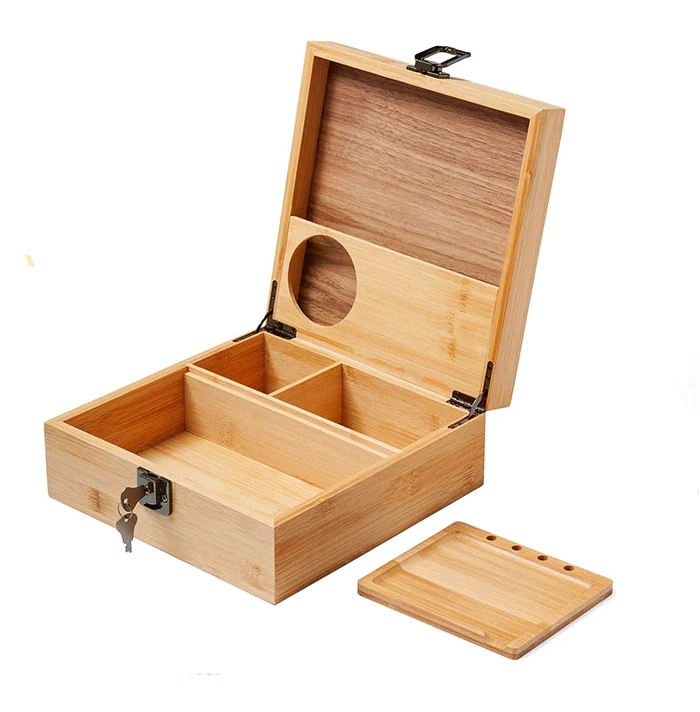 

Luxury business gifts sliding rolling tray herb grinder wooden bamboo stash box for weed with lock smoking, Natural