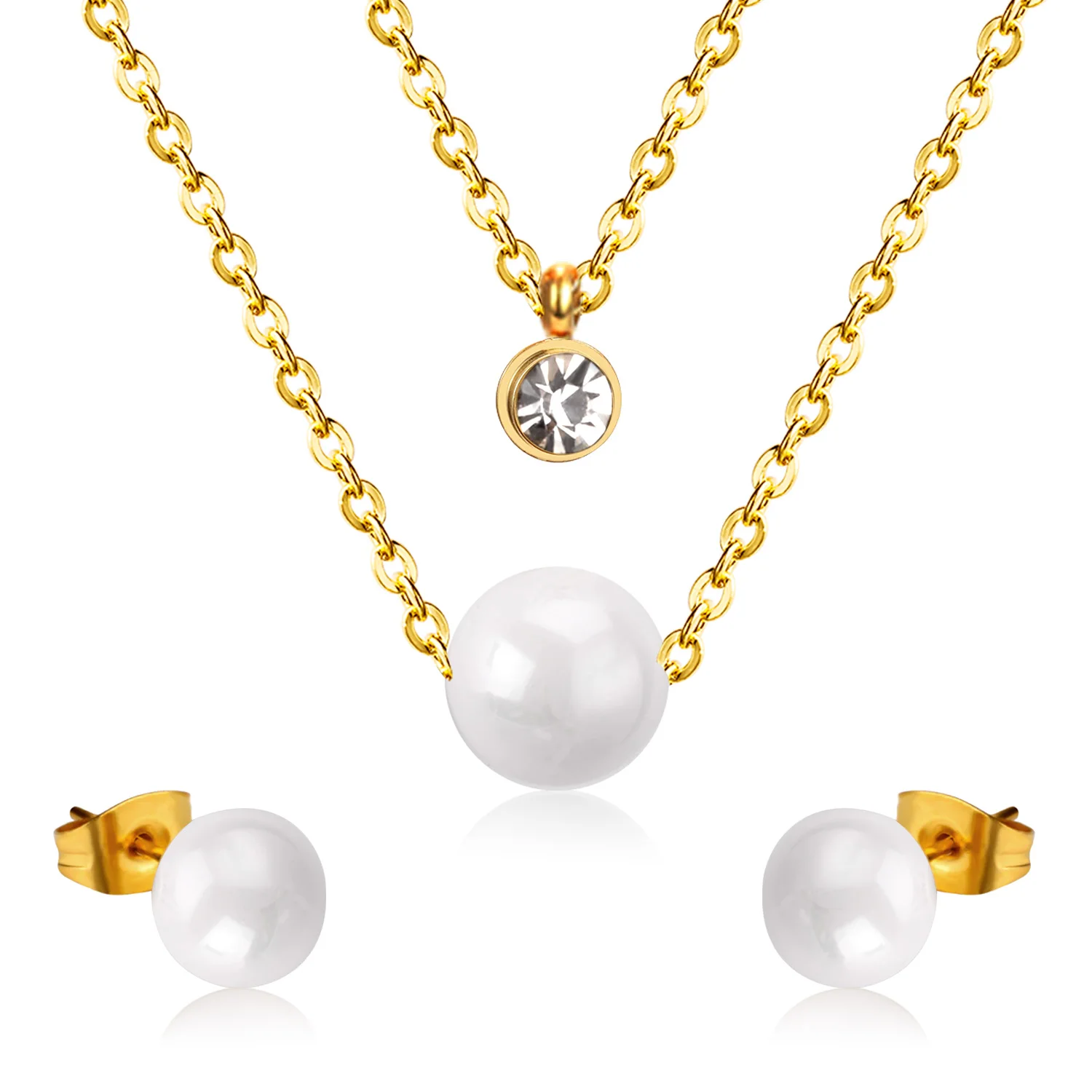 Fashion Stainless Steel Zircon Double Layers Necklace Pearl Jewelry Sets Women Gold Plated Necklace Earring Set, Gold/silver avaliable
Fashion Stainless Steel Zircon Double Layers Necklace Pearl Jewelry Sets Women Gold Plated Necklace Earring Set, Gold/silver avaliable