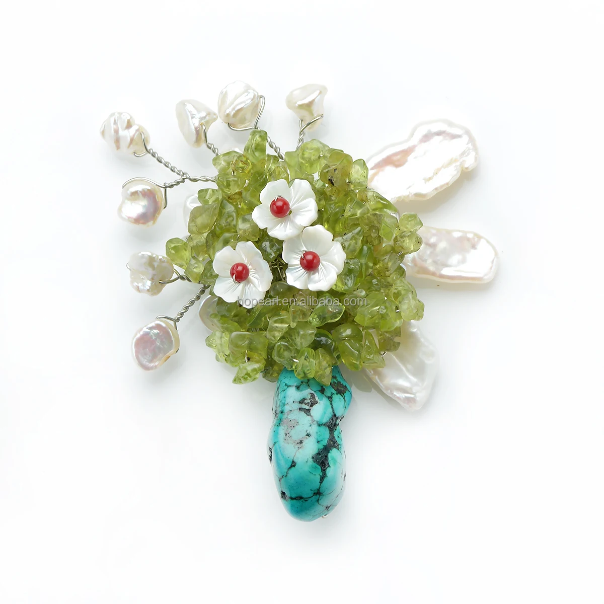 

BRH126 Flowers Designs Turquoise with Peridot Chips Stone and White Baroque Pearls Brooch
