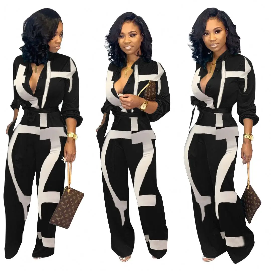 

Color Blocking Buttons Collars Long Sleeve Casual Stripes Suits Two Piece Pants Set Women KG1398, Printed