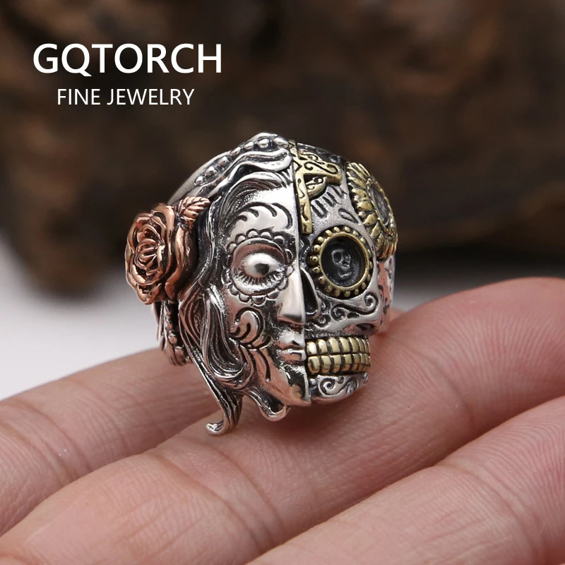 Real Pure 925 Sterling Silver Half Face Sugar Skull Ring With Rose Flower Carving Vintage Punk Thai Silver Jewelry Personality
Real Pure 925 Sterling Silver Half Face Sugar Skull Ring With Rose Flower Carving Vintage Punk Thai Silver Jewelry Personality