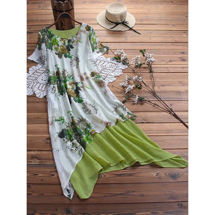 

High quality women dress Two Piece Sets Custom Print Clothing Green Floral Angled Hem Linen Blend Maxi Dress Long Floral Dress, Customized color