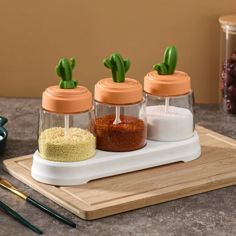 

D110 Kitchen Seasoning box glass bottle Sugar Bowl Salt Shaker Spice Jar to storage Combination Set with Spoons