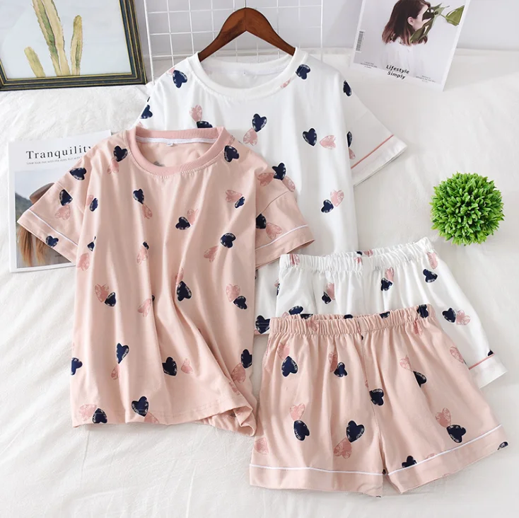 Wholesale shortsleeve summer cotton pajamas set outwear available for women, Pink/white heart/dark grey /white strawberry
Wholesale shortsleeve summer cotton pajamas set outwear available for women, Pink/white heart/dark grey /white strawberry