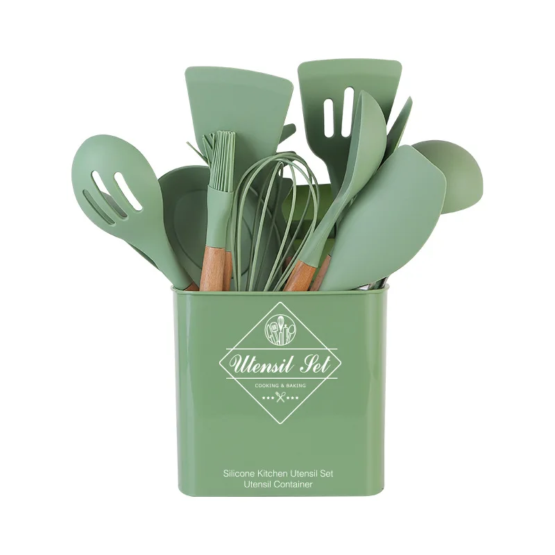 New wooden handle silicone cookware 12-piece set with storage bucket Kitchen tools, Green
New wooden handle silicone cookware 12-piece set with storage bucket Kitchen tools, Green