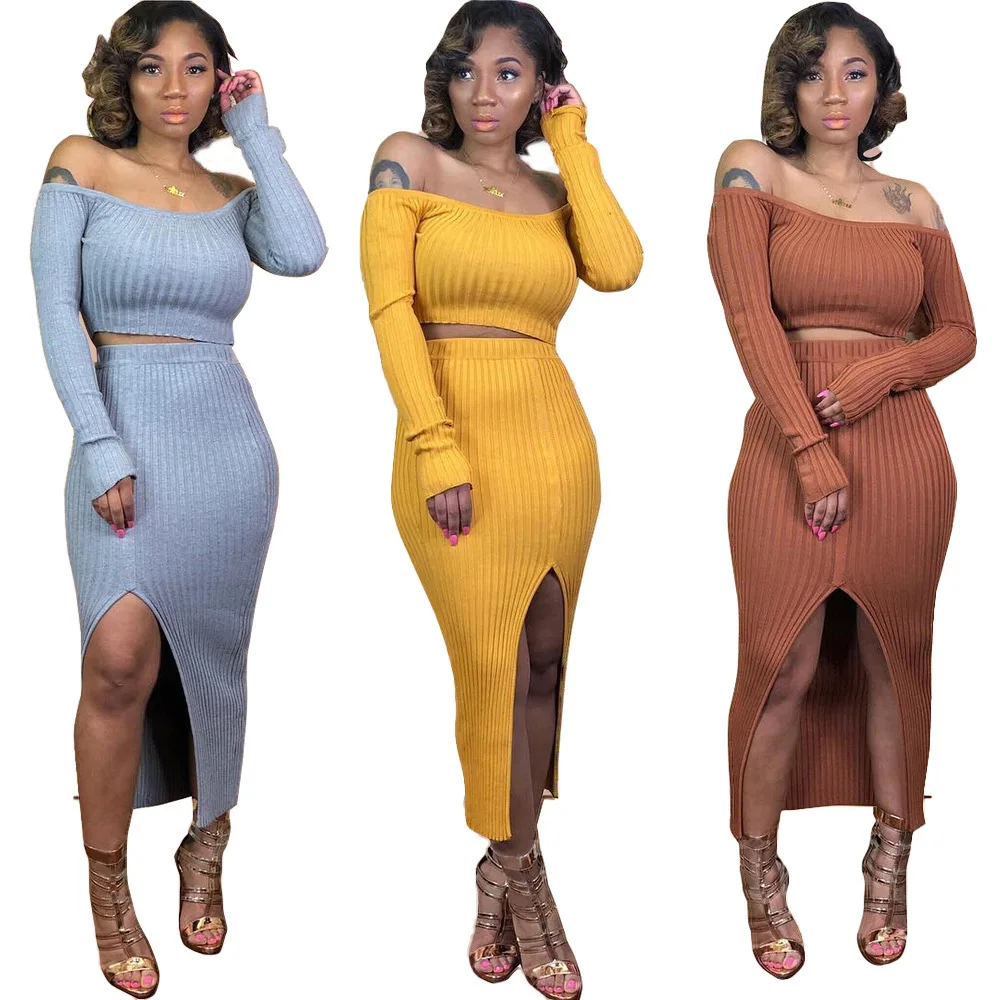 Factory wholesale Europe 2021 autumn hot sale solid color strapless sexy knitted split long skirt suit female
Factory wholesale Europe 2021 autumn hot sale solid color strapless sexy knitted split long skirt suit female