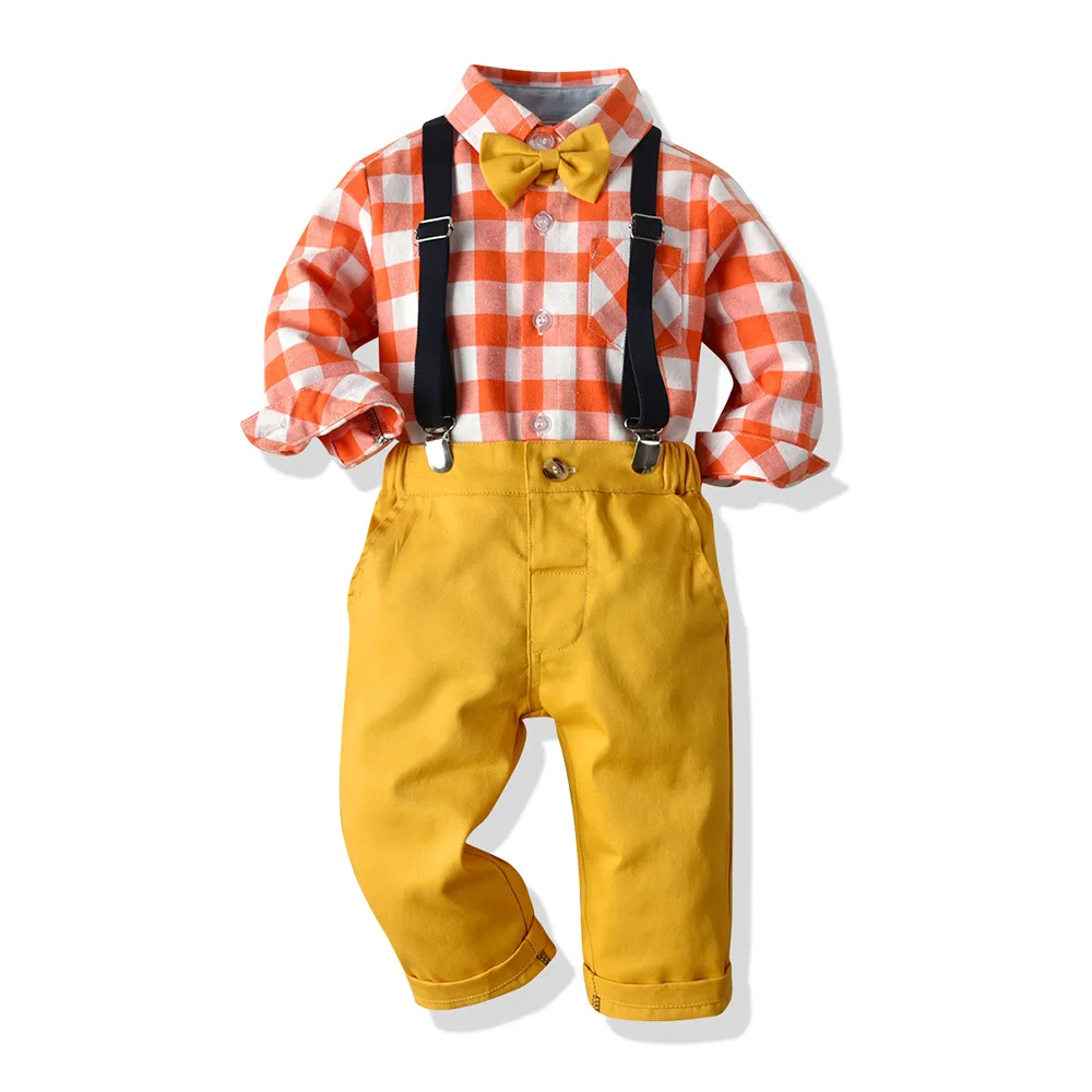 Boy clothes set orange plaid shirt yellow bib pants stocklot kids clothing, Various design
Boy clothes set orange plaid shirt yellow bib pants stocklot kids clothing, Various design