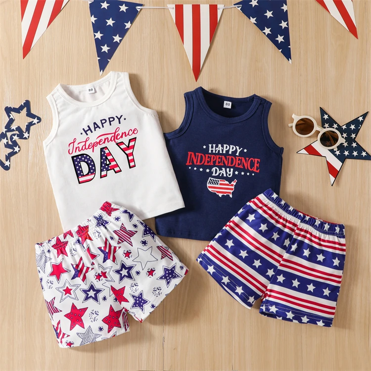 European and American boys' clothing Spring Independence day letters stars Print Vest Shorts Suit 
European and American boys' clothing Spring Independence day letters stars Print Vest Shorts Suit
