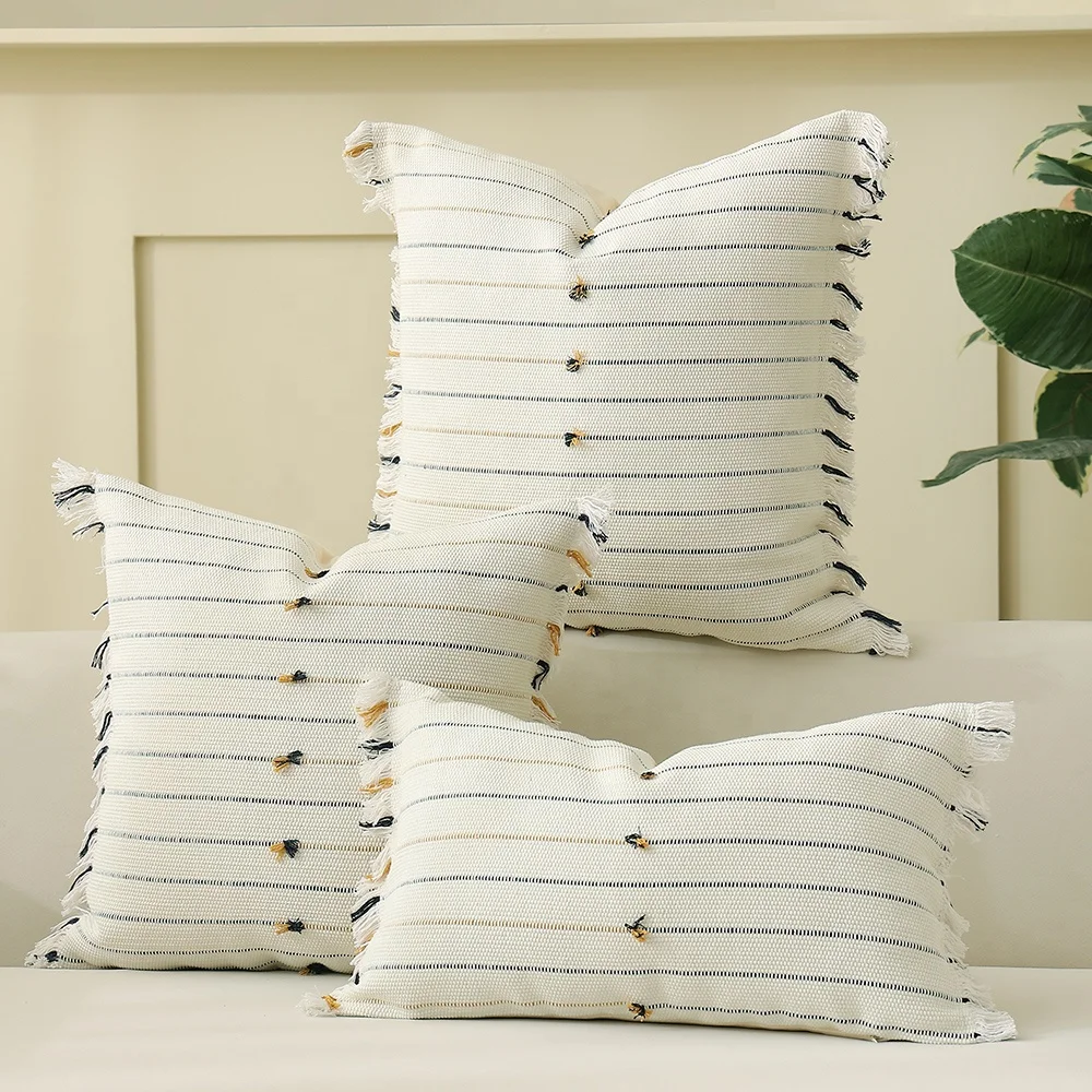 

Tassel pillow cover decorative beige cotton macrame jacquard cushion cover for couch sofa bed outdoor