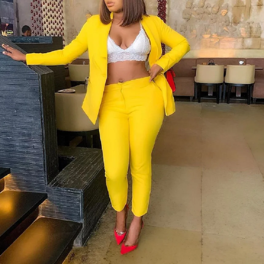 Women Suits Office Set Crop Top Pants Two Piece Sets Yellow Single Button Plain Spring Autumn Official Office Lady Blazer Sets
Women Suits Office Set Crop Top Pants Two Piece Sets Yellow Single Button Plain Spring Autumn Official Office Lady Blazer Sets