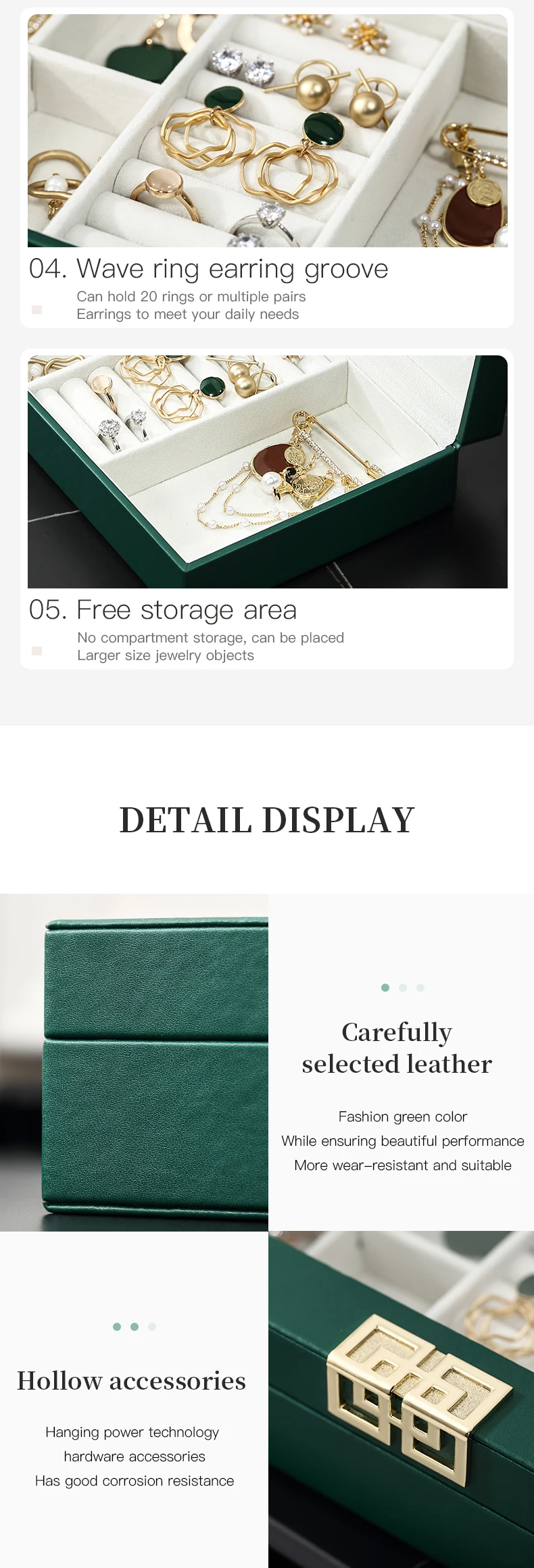custom logo luxury green pu leather jewelry box organizer