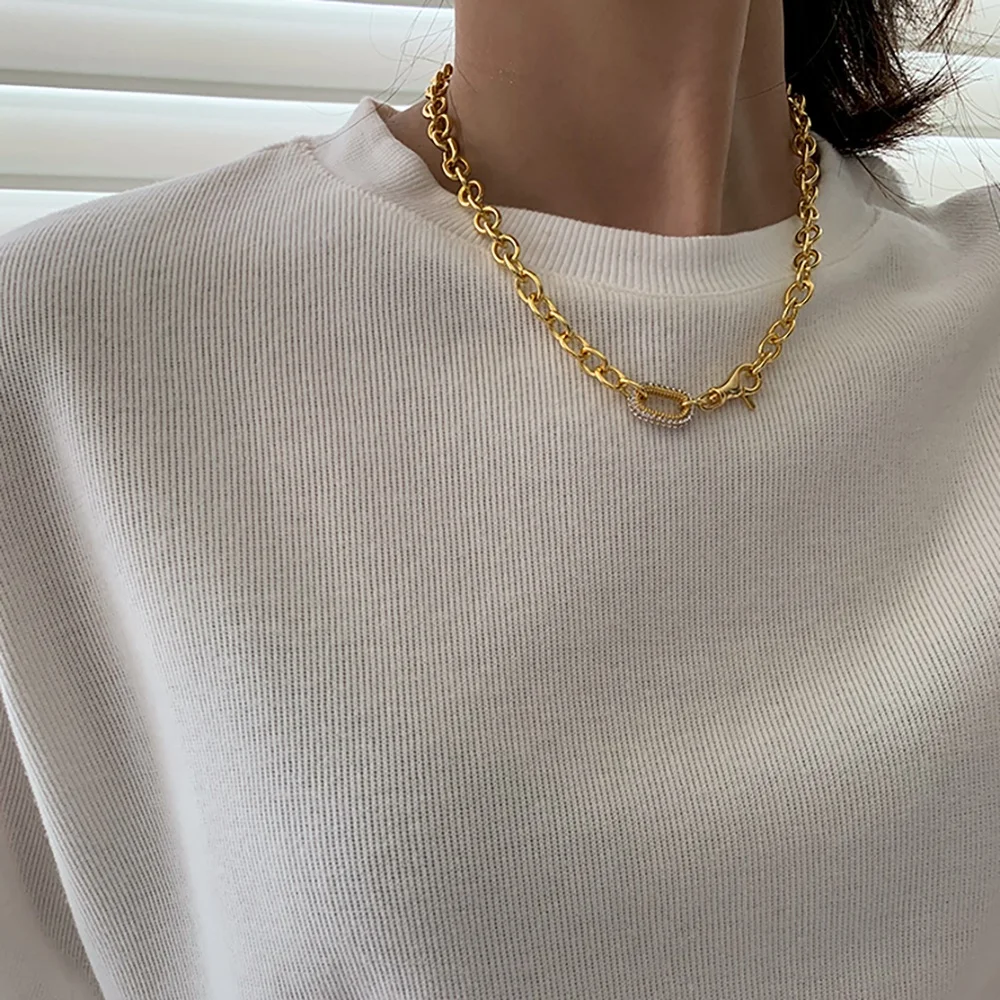 N0398 18k gold plated oval chain with cubic zircon adjustable necklace chunky carabiner lock necklace layering choker
N0398 18k gold plated oval chain with cubic zircon adjustable necklace chunky carabiner lock necklace layering choker