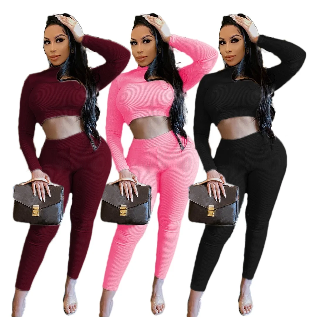 2021 autumn women 2 piece set solid color elasticity long sleeve crop top and high waist long pants two piece set clothes
2021 autumn women 2 piece set solid color elasticity long sleeve crop top and high waist long pants two piece set clothes
