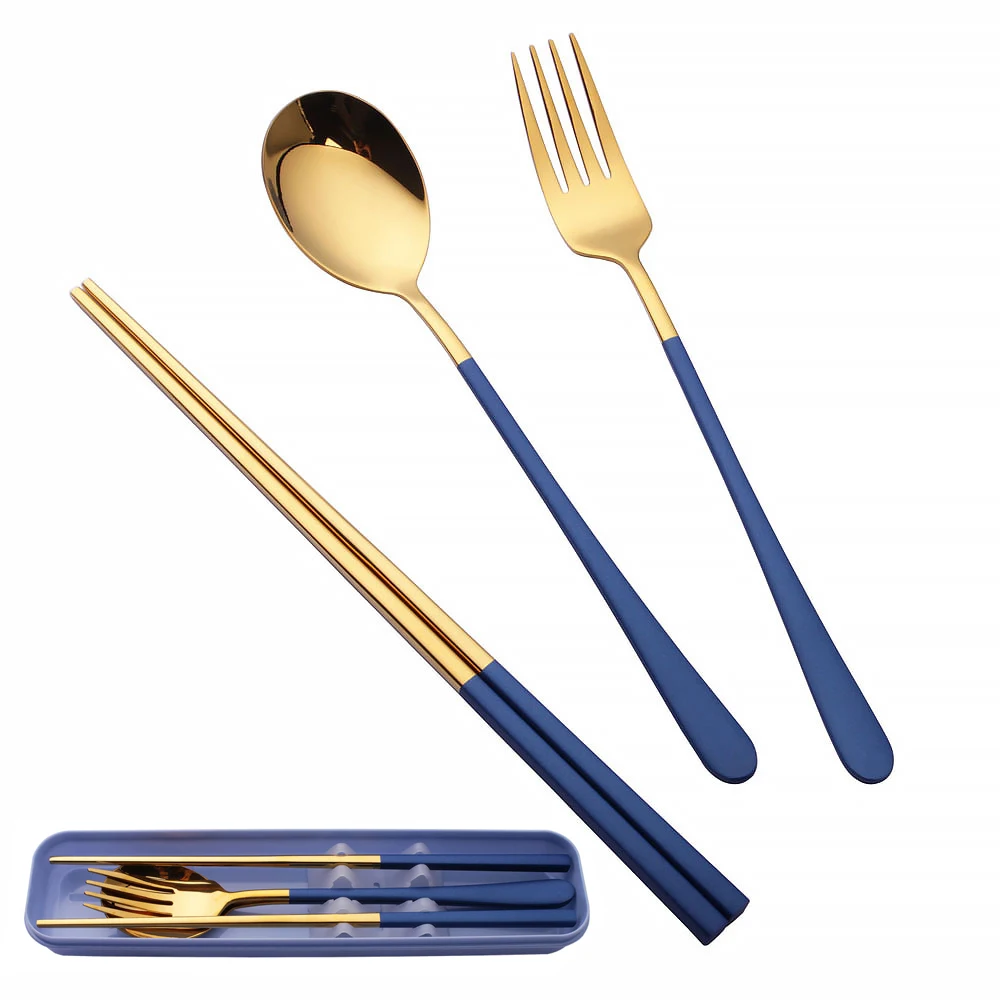 In stock, blue color 304 stainless steel cutlery set of chopsticks fork and spoon with box
In stock, blue color 304 stainless steel cutlery set of chopsticks fork and spoon with box