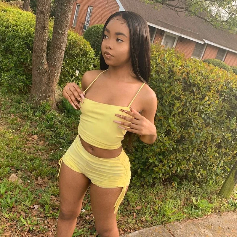 2021 Summer new solid color open back tether sling pleated women sexy two piece shorts set, Customized color
2021 Summer new solid color open back tether sling pleated women sexy two piece shorts set, Customized color
