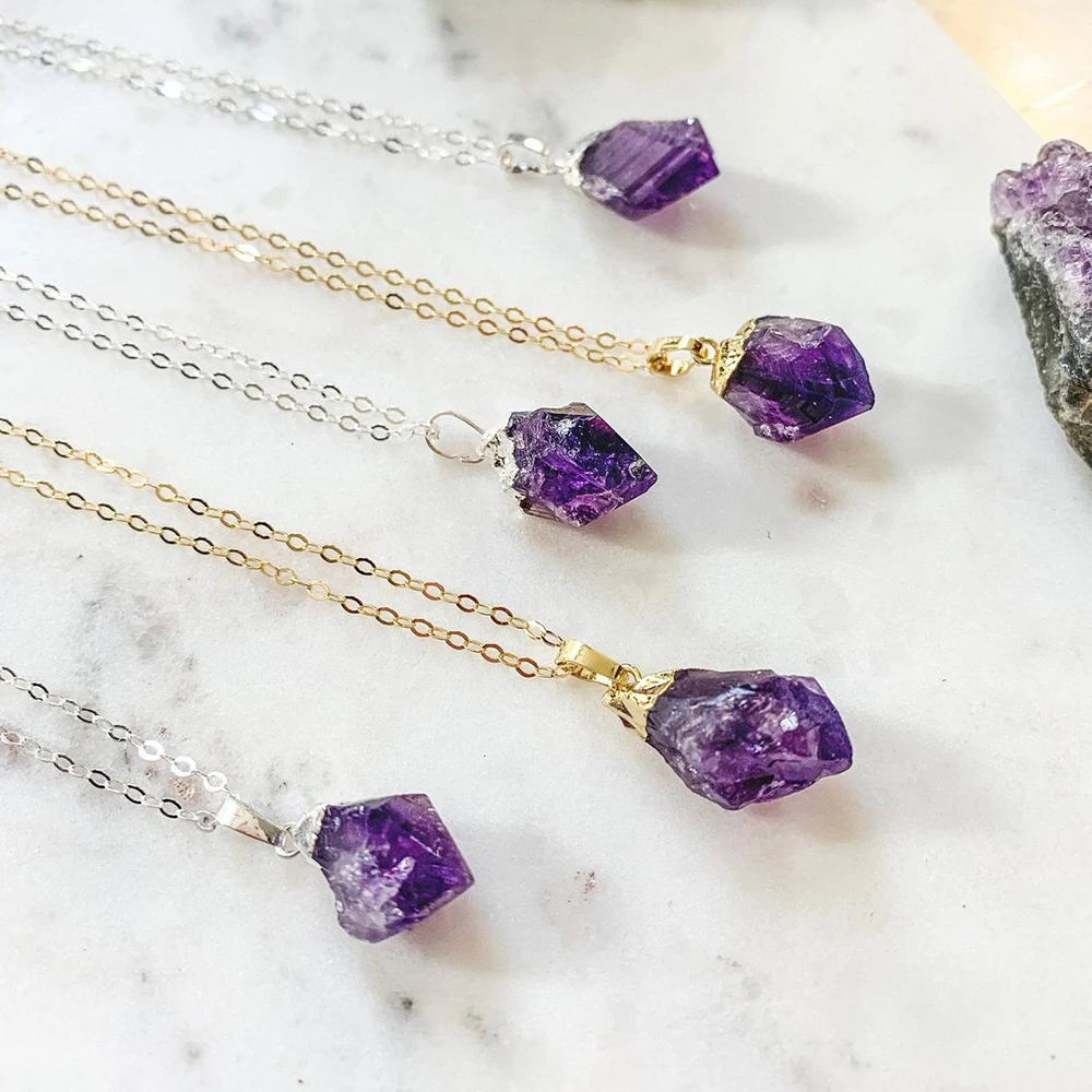 S925 Sliver Gold Plated Chain Raw Amethyst Point Pendant Necklace Mother's Day Gift Pendant Charm For Jewelry Making
S925 Sliver Gold Plated Chain Raw Amethyst Point Pendant Necklace Mother's Day Gift Pendant Charm For Jewelry Making