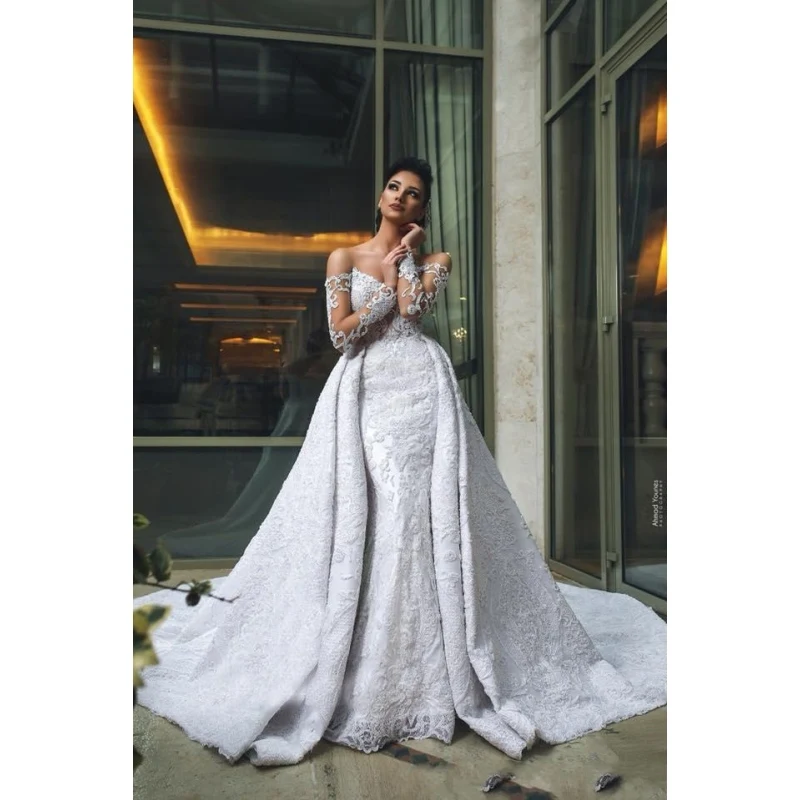 Luxury African Mermaid Wedding Dresses Off Shoulder Long Sleeves Full Lace Overskirts Open Back Detachable Train Bridal Gowns, Custom made
Luxury African Mermaid Wedding Dresses Off Shoulder Long Sleeves Full Lace Overskirts Open Back Detachable Train Bridal Gowns, Custom made