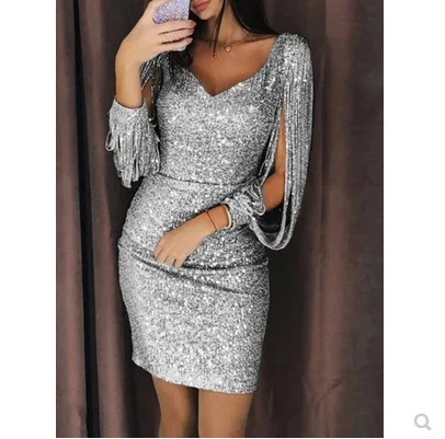 

New Fashion Sexy Women V Ncek Solid Sequined Glitter Stitching Shining Club Sheath Long Sleeved Mini Dress For Female, Customized colors