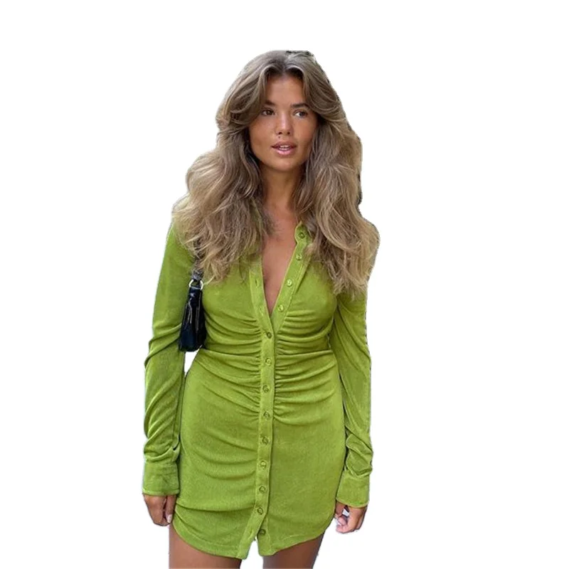 Long Sleeve Bodycon Turn Down Collar Dress Elegant Solid Pleated Women Shirt Dress, Black/purple/green/orange
Long Sleeve Bodycon Turn Down Collar Dress Elegant Solid Pleated Women Shirt Dress, Black/purple/green/orange