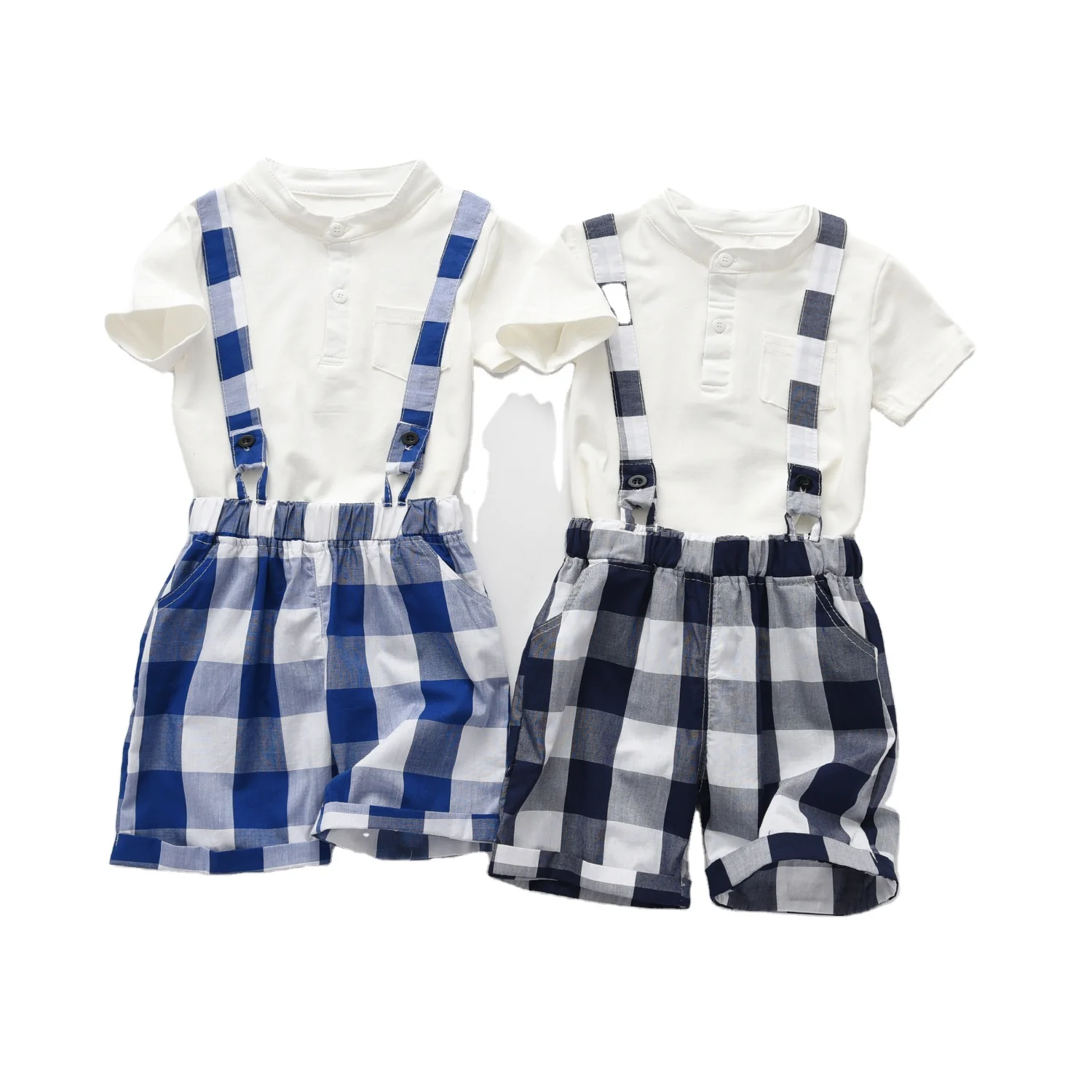 

new arrival summer lattice short sleeve overalls baby boys clothes set, Blue/gray