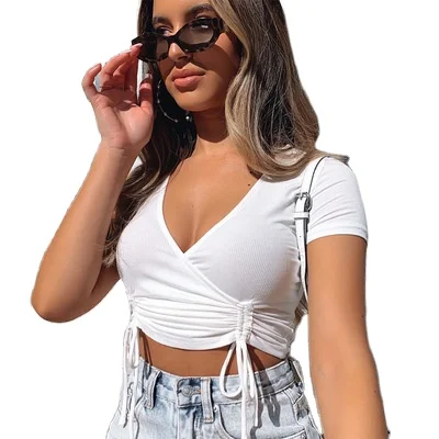 Wholesale Price Spot Fashion Drawstring V-neck Knitted Women Crop Top Shirt Women Sexy For Tops, White/black/apricot/blue
Wholesale Price Spot Fashion Drawstring V-neck Knitted Women Crop Top Shirt Women Sexy For Tops, White/black/apricot/blue