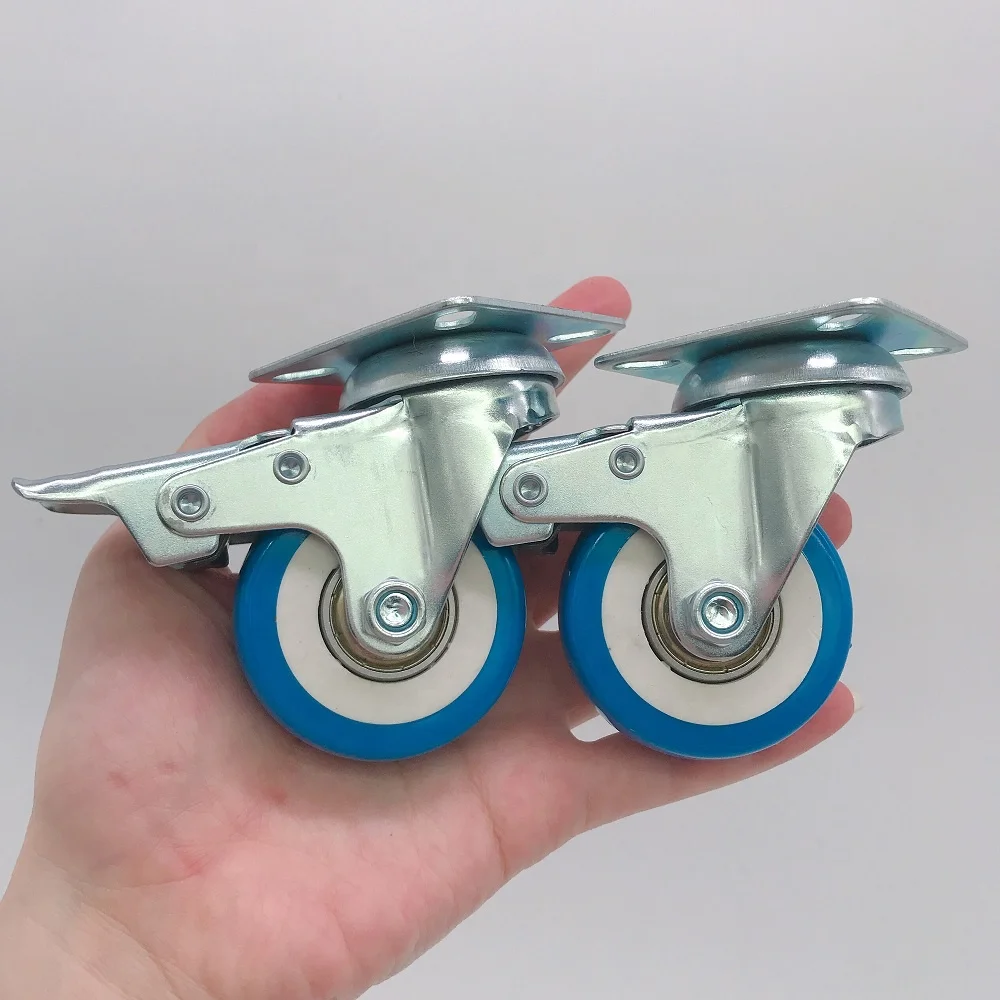50mm Blue PU  casters wheel with double ball bearing 2 inch Blue PU castors wheel with top plate for display cabinet