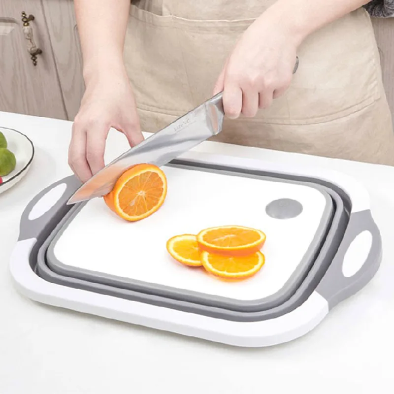 3-in-1 Multifunction Collapsible Kitchen Silicone folding cutting board dish basin, Gray+white
3-in-1 Multifunction Collapsible Kitchen Silicone folding cutting board dish basin, Gray+white