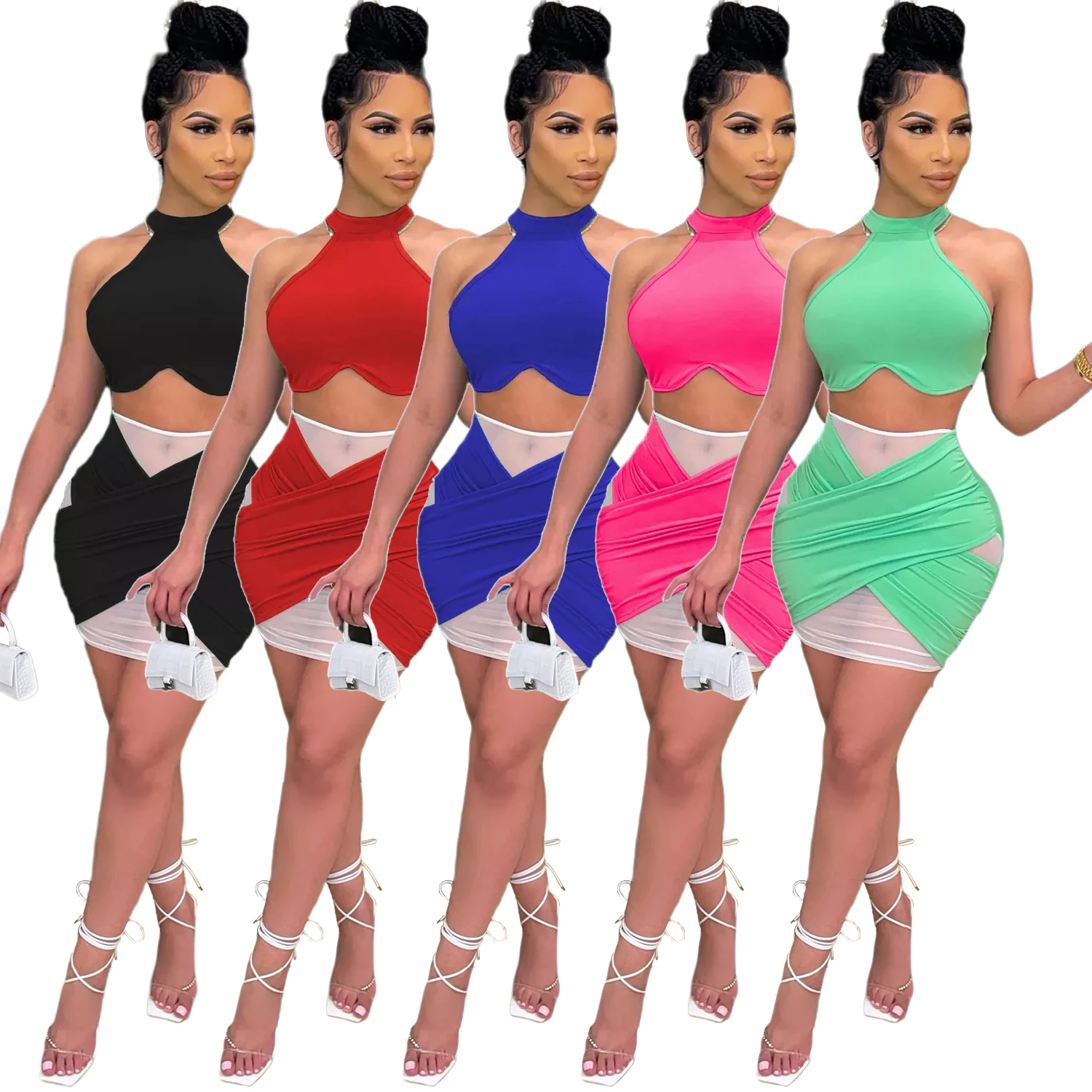 Wholesale 2021 High Quality Outfit Summer Skirt Set Womens Chiffon Splicing Hanging Neck Short Women's Two Piece Skirt Set, Mix color
Wholesale 2021 High Quality Outfit Summer Skirt Set Womens Chiffon Splicing Hanging Neck Short Women's Two Piece Skirt Set, Mix color
