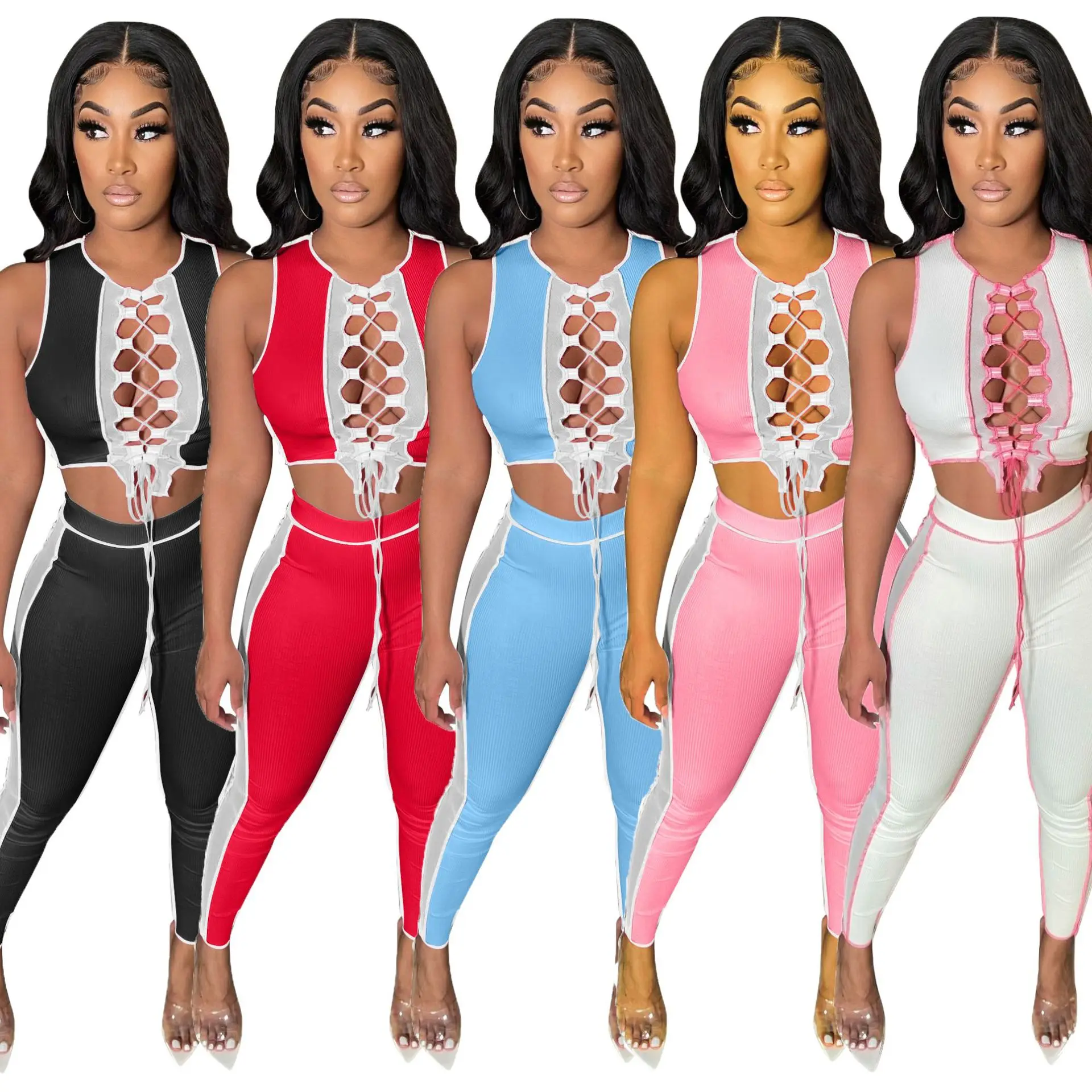 Drop shipping Hollow casual suit with contrasting pit strip stitching mesh bandage, As show
Drop shipping Hollow casual suit with contrasting pit strip stitching mesh bandage, As show