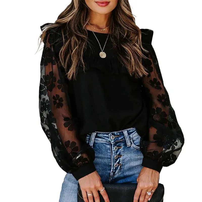 Wholesale Black Lace Solid Color Pullover Long Lantern Sleeve Women Lace Blouse