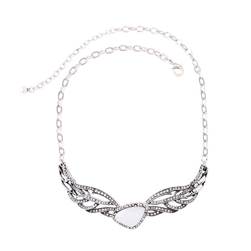 xl01626b Vintage Silver Chains Epoxy Resin Gemstone Crystal Charm Jewelry Gorgeous Women Fashion Angel Wing Necklace