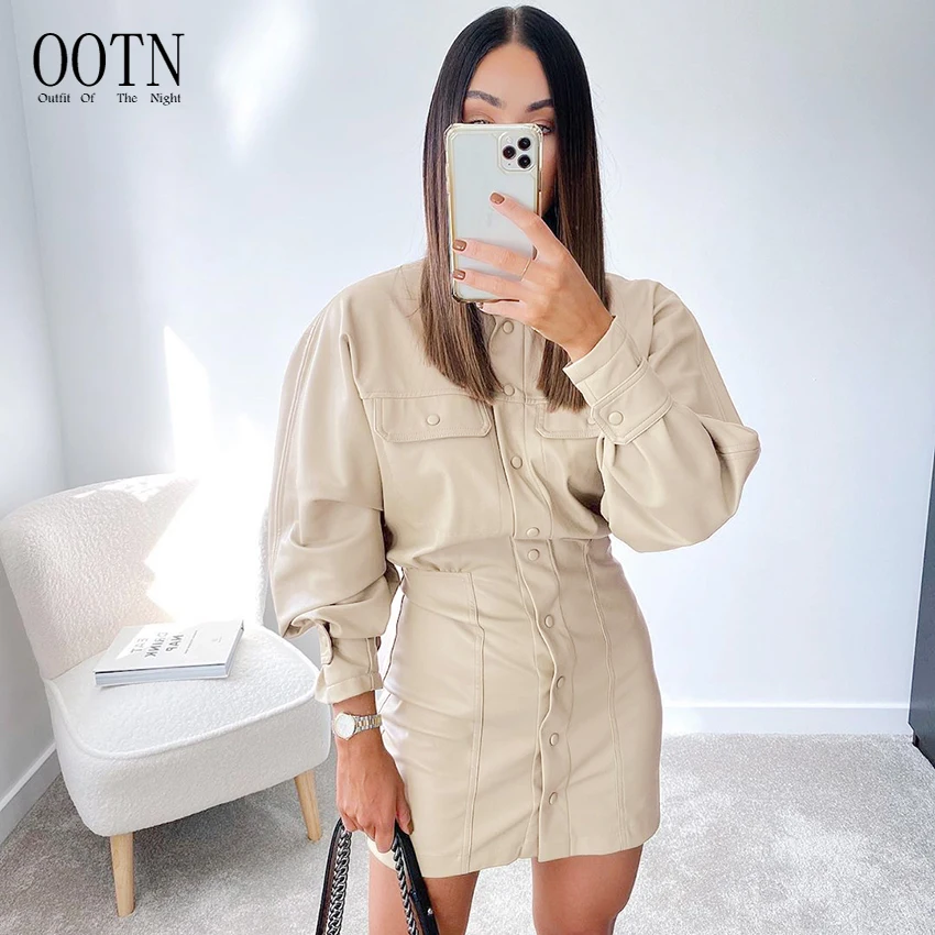 OOTN Ladies Long Sleeve Mini Dresses Women Casual Single-Breasted Beige Bodycon Dresses Streetwear PU Leather Shirt Dress
OOTN Ladies Long Sleeve Mini Dresses Women Casual Single-Breasted Beige Bodycon Dresses Streetwear PU Leather Shirt Dress