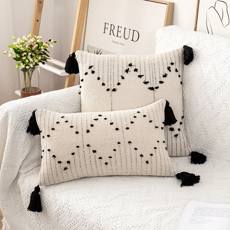 

Nordic style geometry handmade tufting cushion cover home sofa decorative geometry tassels Decorative Pillow Case